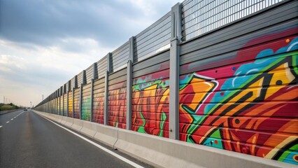 A closeup of a noise barrier panel with graffiti art splashed across its surface. The colors and designs inject a touch of urban culture into the utilitarian structure embodying