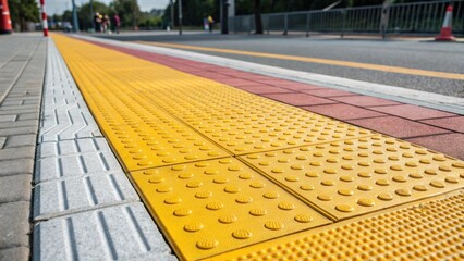 A closeup of a pedestrian crossing ramp highlighting the antislip surface and tactile paving designed for accessibility. Vibrant color contrasts provide visual cues for all users