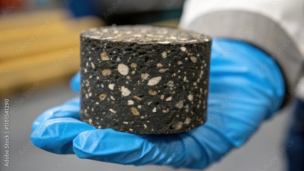 Poster A closeup of a single asphalt core showcasing the crosssection that reveals its layered composition. The rich black surface contrasts with the lighter aggregates embedded within