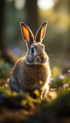 A Sunny Forest Encounter with an Adorable Rabbit Bathed in Golden Light