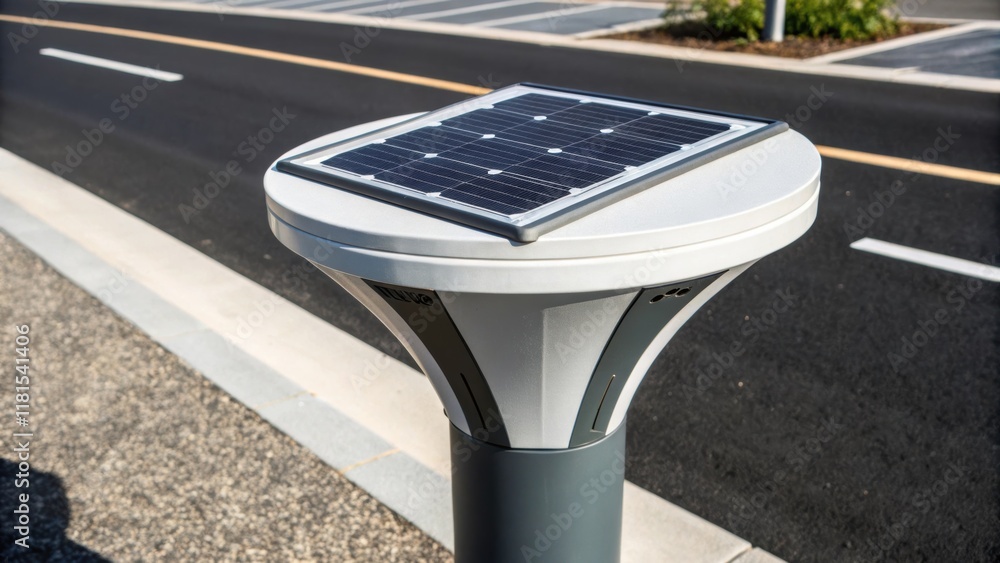 Poster A closeup of a solarpowered streetlight base where a sleek modern design meets ecofriendly technology. The base features integrated solar panels glinting in the sunlight surrounded