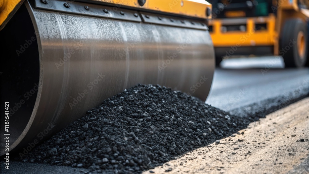 Poster A closeup of asphalt chunks being fed into the back of the roller the texture of the rough aggregate contrasting sharply with the sleek polished surface of the new pavement. The