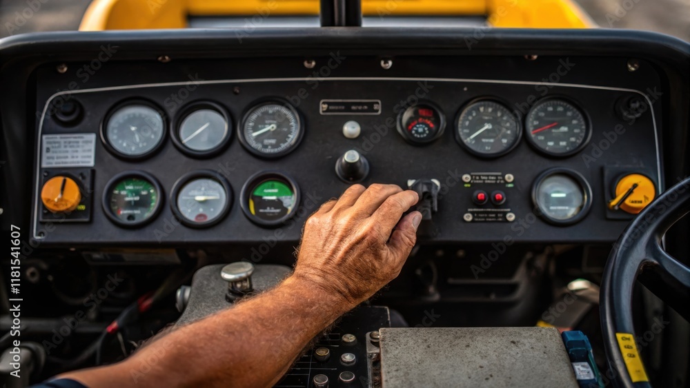 Poster a closeup of a workers hand adjusting the controls of an asphalt truck revealing the intricate dashb