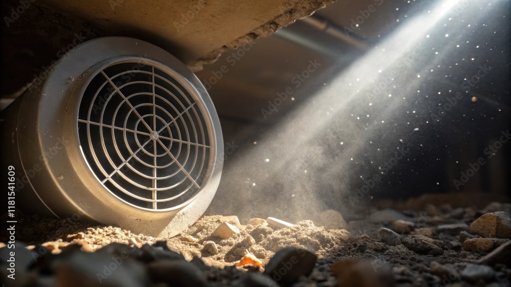 Poster A closeup of a ventilation ducts od end revealing the intricate mesh of the internal structure. Dust particles float in the air illuminated by shafts of light while the ground