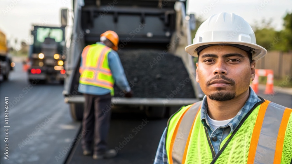 Aufkleber a closeup of a worker in safety gear supervising the unloading of asphalt from a truck with a focus 