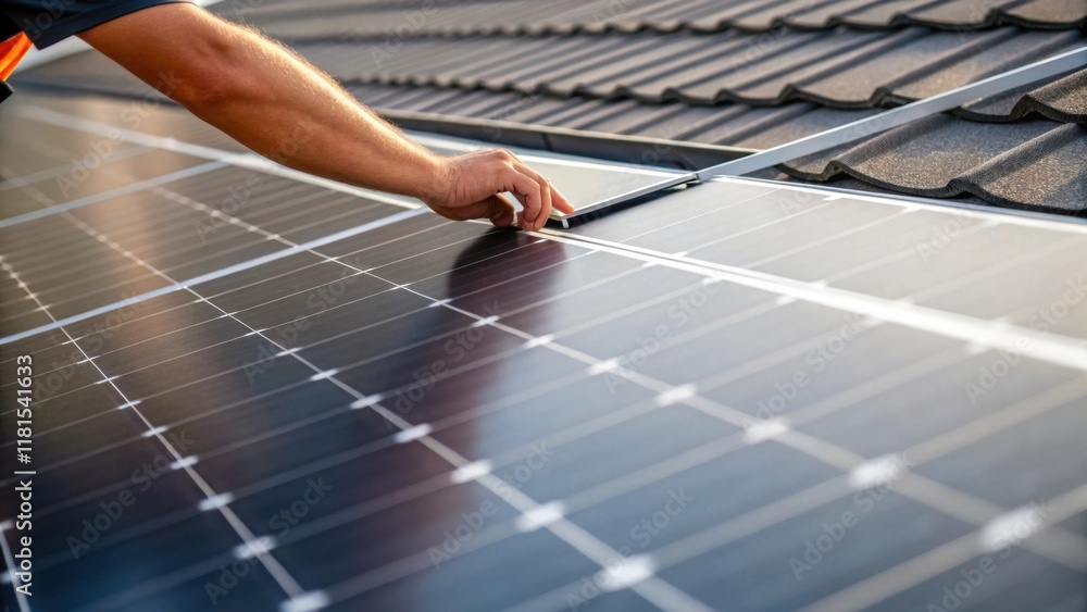 Poster a closeup of a workers hand making adjustments to the solar panel array illustrating the human eleme