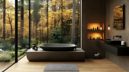 Fototapeta premium Modern Bathroom Design Showcases Forest Views Through Large Windows with Natural Light and Minimalist Decor