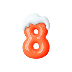 3d winter number 8 isolated. Red balloon number under snow cap. Winter decoration element for holiday design, Christmas, New Year card. Cartoon vector illustration