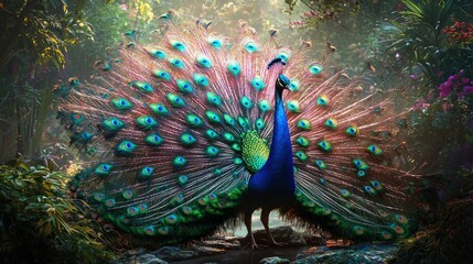 Obraz premium Vibrant peacock with an open tail standing in lush greenery surrounded by colorful flowers. Sunlight streams through the leaves, creating a magical and serene scene. Generative by AI.
