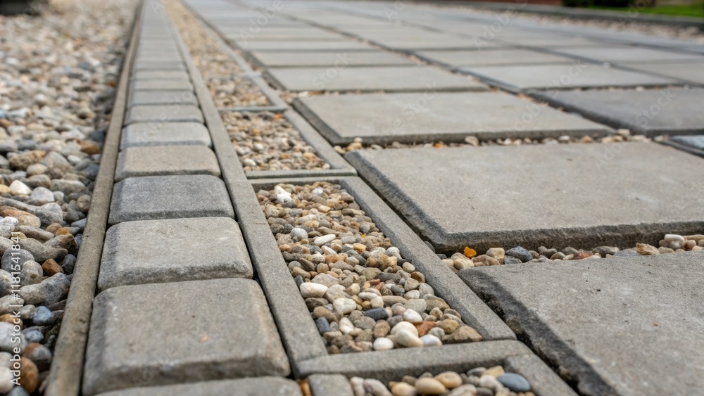 Poster a closeup of paver joints filled with fine gravel and small pebbles perfectly settled between the sl