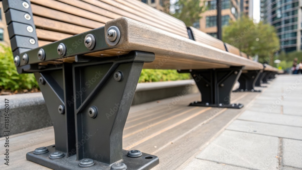 Poster A closeup of the connection points of modular park benches showcasing precision engineering and robust materials. The benchs assembly features hidden joints that enhance stability