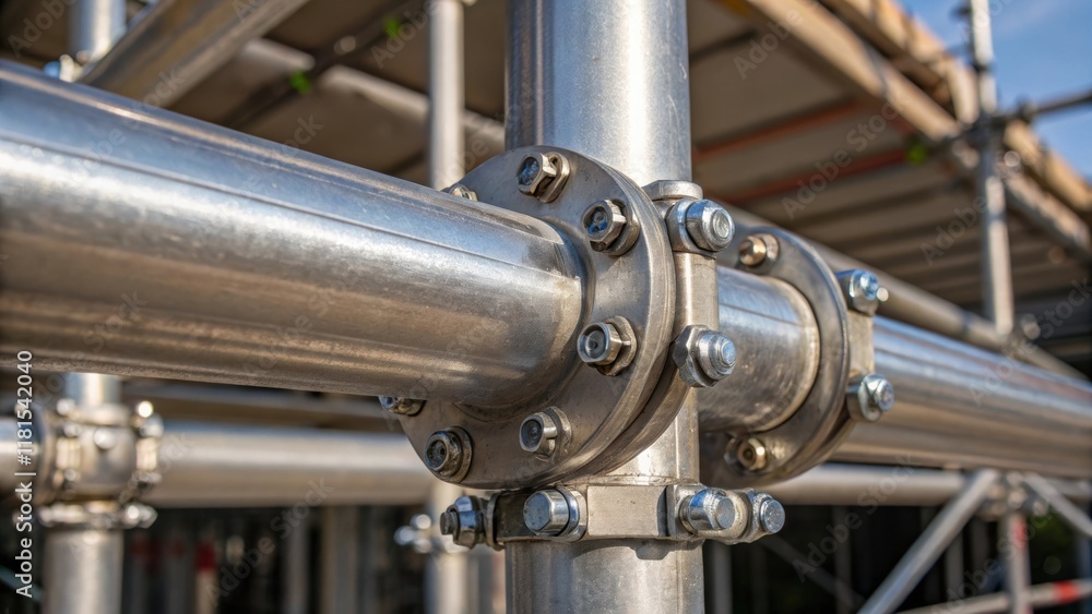 Poster a closeup of the connection points where metal pipes meet with detailed rivets and bolts securing th
