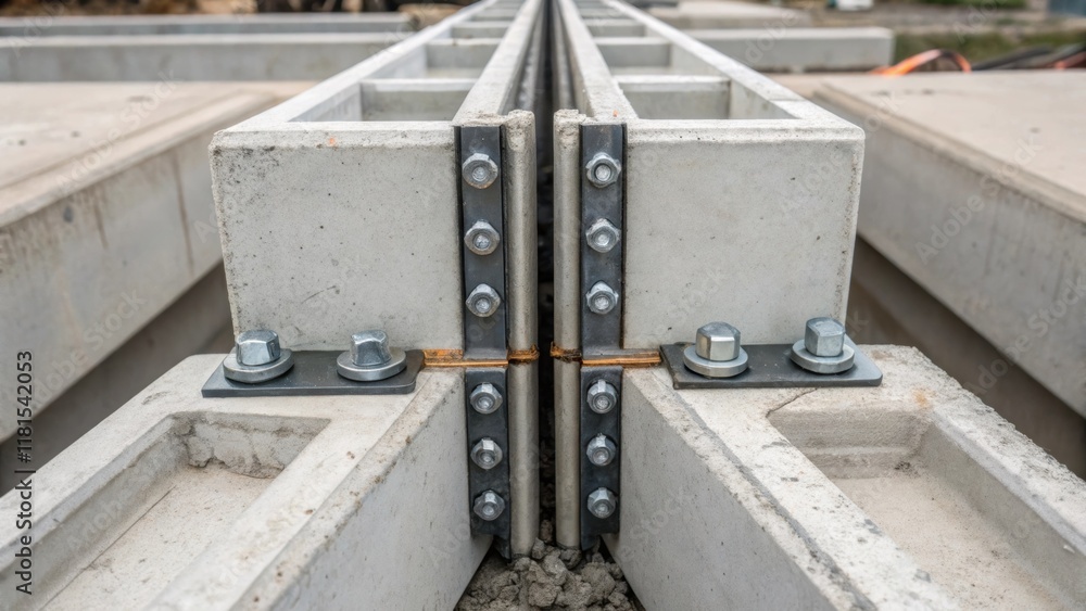 Poster A closeup of the connection points between two adjoining precast concrete segments showcases the precision of the engineered joints. Metal connectors and sealing materials are