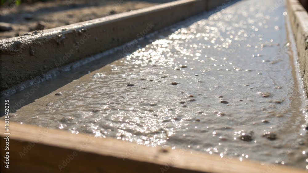 Poster A closeup of the concrete mixture filling the curb forms reveals tiny bubbles ped within hinting at the labor that went into achieving this smooth finish. Sunlight glimmers off the