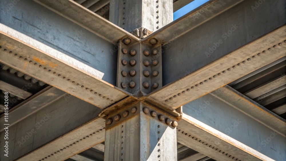 Aufkleber A closeup of the corner joint where two beams meet featuring complex geometrical shapes and textures. The image focuses on the weld marks and reinforcements that indicate a robust