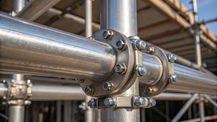 A closeup of the connection points where metal pipes meet with detailed rivets and bolts securing them tightly. The reflective surface of the polished metal catches the light