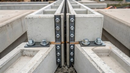 Obraz premium A closeup of the connection points between two adjoining precast concrete segments showcases the precision of the engineered joints. Metal connectors and sealing materials are