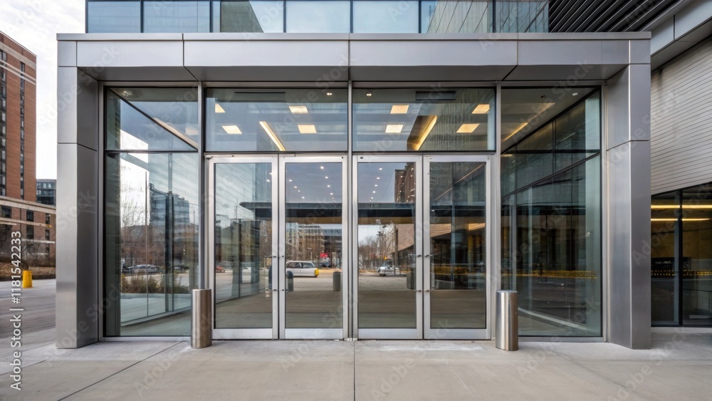 Aufkleber a closeup of the entrance to a modular parking structure highlighting the large transparent glass do
