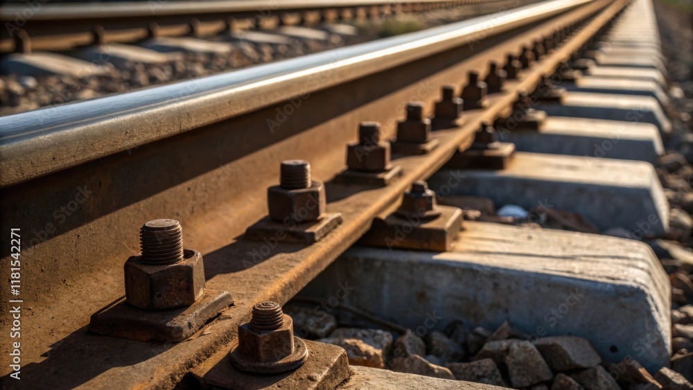 Aufkleber A closeup of the fastening system on a rail sleeper focusing on the large rustresistant bolts connecting the rail to the sleeper. The deep shadows and varied textures create a