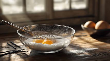 木製テーブルに広がる卵と砂糖、ホイッパーとバニラビーンズの明るい自然光の風景