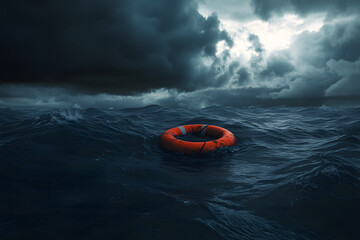 A life ring floating on a stormy sea with dark clouds.