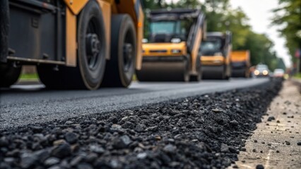 A closeup of the freshly milled asphalt material lying on the ground next to the parked milling machines. The black gritty texture showcases aggregates mixed with tar with some