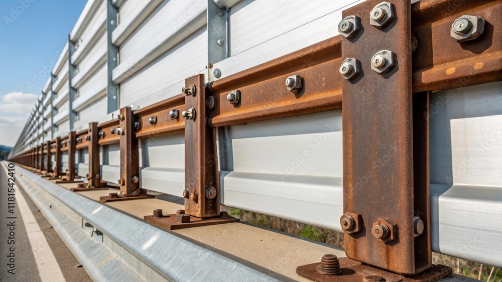 Poster A closeup of the installation mechanism for noise barrier panels featuring bolts and brackets that secure the panels to their supporting structures. The rusted metal contrasts