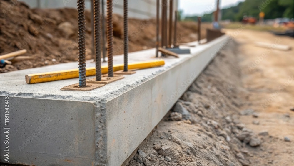 Poster a closeup of the foundation where a precast concrete crash barrier is anchored into the ground revea