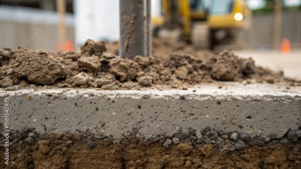 Poster a closeup of the interface where the drilled pile meets the prepared concrete. the texture of the co