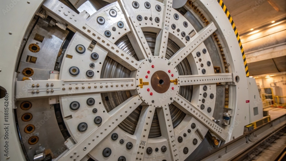 Poster A closeup of the interface where multiple segments of the tunnel boring machine come together revealing the tight tolerances and precision engineering with gleaming welds and