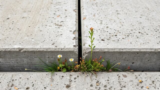 A closeup of the interface between two precast concrete slabs where a fine layer of dust settles in the crevice adorned with tiny wildflowers fighting for life contrasting the
