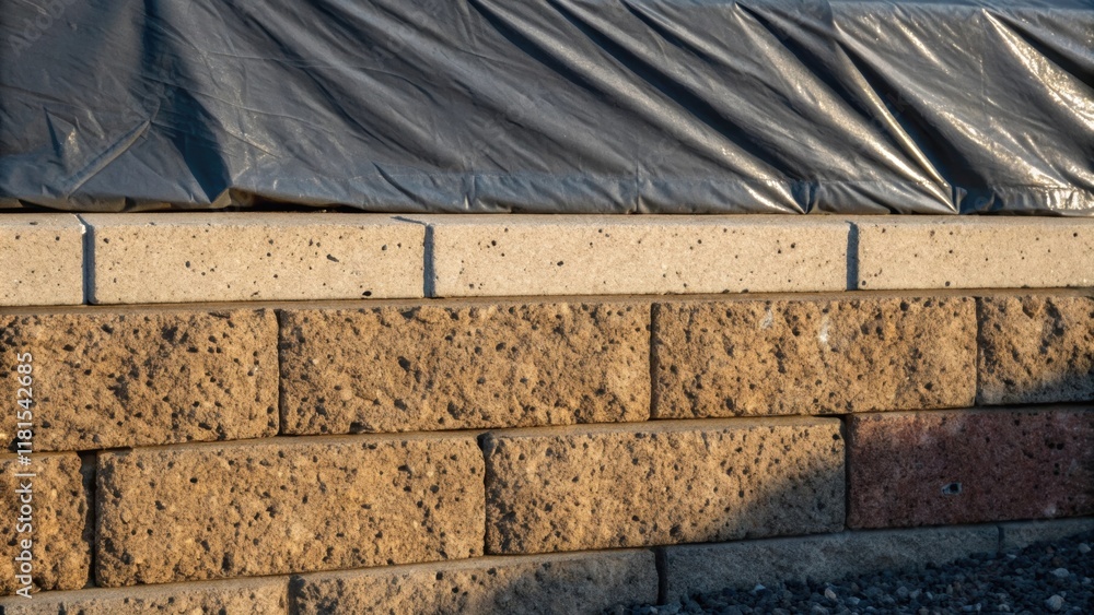 Aufkleber A closeup of the texture of the retaining wall showcasing fine details of the curing concrete such as color variations and tiny aggregates. The tarp is drawn tightly across the top