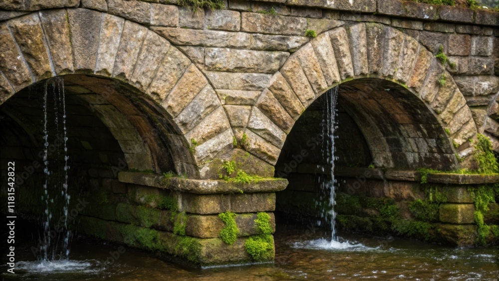 Poster a closeup of weathered stone arches showcases the craftsmanship of an ancient bridge. moss and liche
