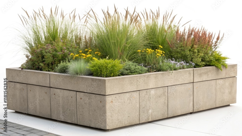 Poster A closeup perspective of a sy concrete modular planter box featuring an array of native grasses and pollinatorattracting plants. The earthy tones of the box harmonize with the