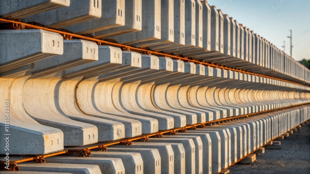 Aufkleber A closeup perspective on the vertical arrangement of precast viaduct segments showcasing their massive scale and uniformity. The intricate manufacturing marks and the smooth forms
