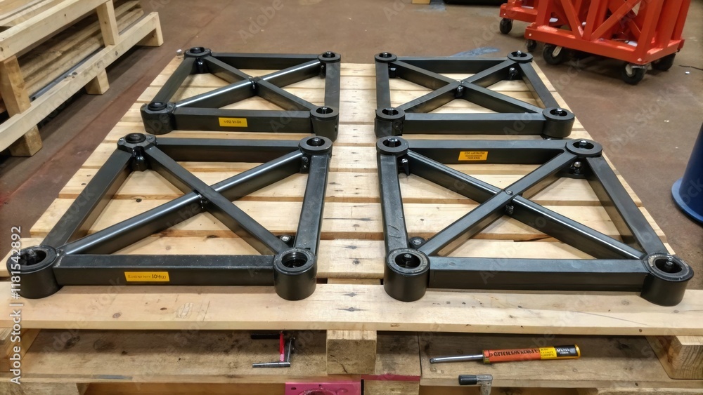 Poster A closeup perspective of several preassembled trusses resting on a wooden pallet displaying their robust connections. Each joint is reinforced with heavyduty bolts exhibiting the