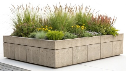 A closeup perspective of a sy concrete modular planter box featuring an array of native grasses and pollinatorattracting plants. The earthy tones of the box harmonize with the