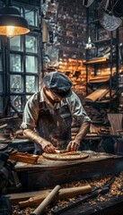 A craftsman works diligently in his workshop, meticulously shaping wood with a hand plane. The air is thick with sawdust and the scent of wood, creating a tangible atmosphere of dedication and skill.