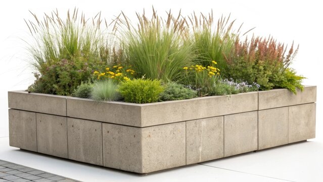 A closeup perspective of a sy concrete modular planter box featuring an array of native grasses and pollinatorattracting plants. The earthy tones of the box harmonize with the