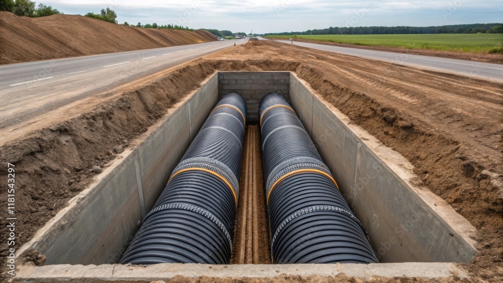 Poster a closeup shot of the junction where two cylindrical culverts meet illustrating the precise engineer