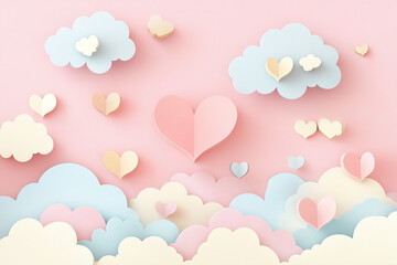 Cute minimalistic love holiday background, composition of paper hearts on a pink background on the theme of Valentine's Day