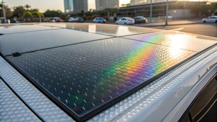 A closeup shot of a single modular island showcasing the textured surface of its design featuring embedded solar panels that glisten under the midday sun. The adjacent reflective