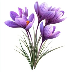 Beautiful close-up of purple crocus flowers with delicate petals and vibrant yellow stamens against...