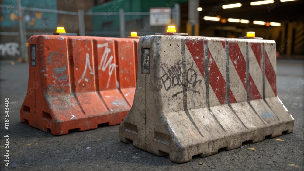 Poster a closeup shot of two traffic barriers leaning together their textured surfaces a canvas of scratche