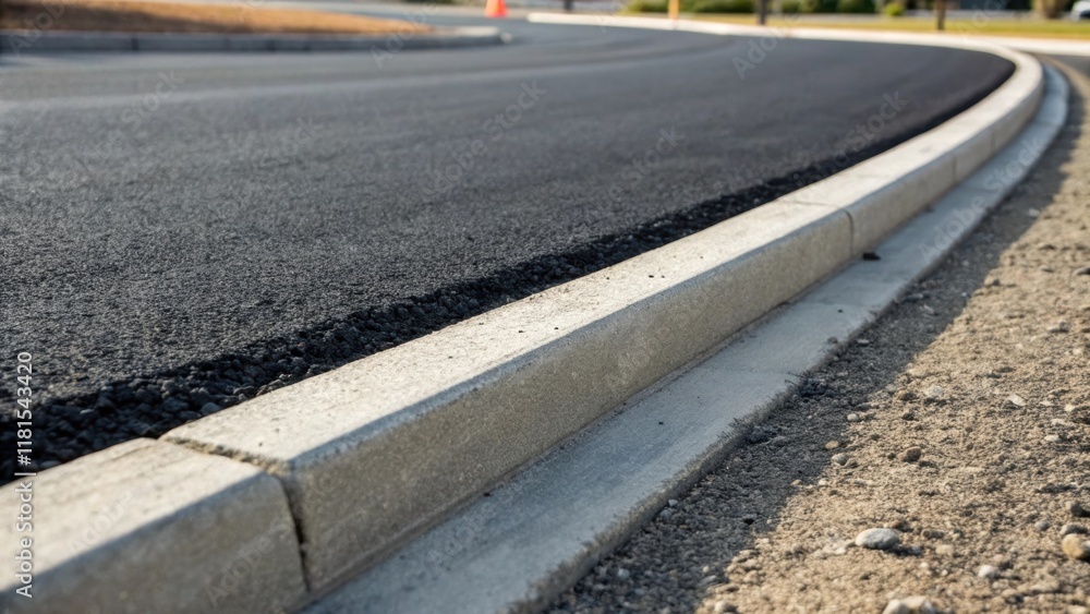 Poster A closeup shot showing a freshly asphalted road corner capturing the slight gradient of the layered edges where the intersection blends seamlessly with the concrete curb