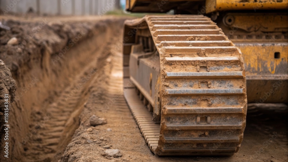 Poster a closeup shot reveals the intricate treads of a bulldozer parked on uneven ground next to a foundat