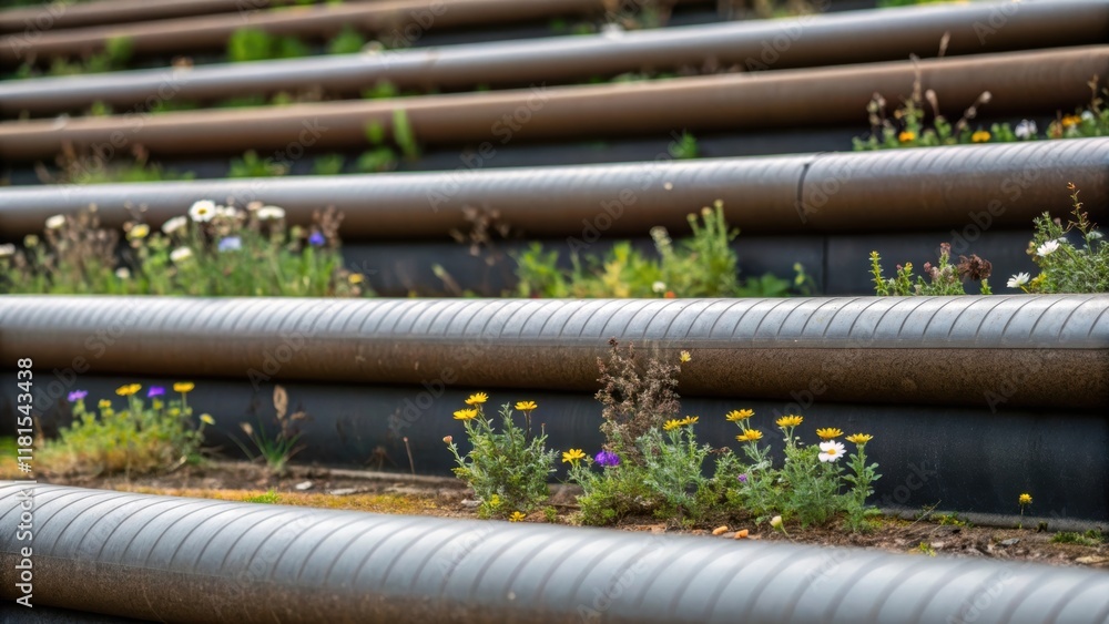 Poster A closeup showcases the layering of pipes in a makeshift seating arrangement in which the stacked sections form a textured functional piece of park furniture. Small wildflowers