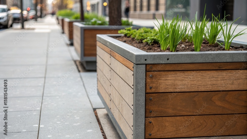 Poster A closeup view focusing on the edge of a modular planter as it meets the sidewalk revealing a combination of rustic textures and contemporary design. The concrete surface is