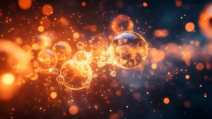Conceptual visualization of a chemical reaction with molecules colliding and energy being released in glowing bursts set against a dark gradient background