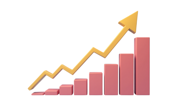 Data Analyzing Bar Graph with Upward Arrow Representing Business Growth Isolated on a Transparent Background (PNG).